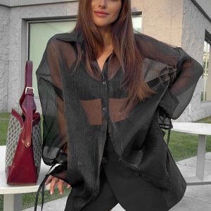 Chic See-Through Mesh Cardigan: Black Lace-Up Long Sleeve Casual Shirt for Women 2023