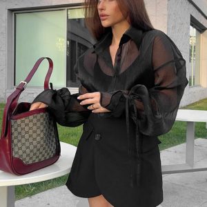 Chic See-Through Mesh Cardigan: Black Lace-Up Long Sleeve Casual Shirt for Women 2023