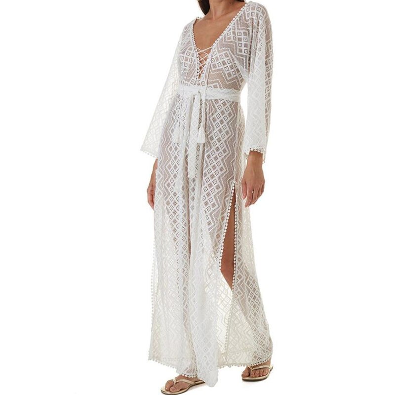 Chic See-Through White Lace Summer Dress - V-Neck Long Sleeve Maxi Tunic for Beach Vibes