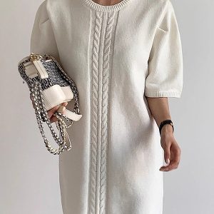 Chic Short-Sleeved Knitted White Dress for Y2K Fashion and Coquette Aesthetic Styles