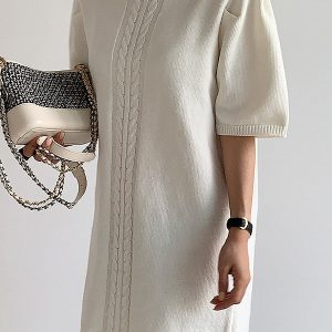 Chic Short-Sleeved Knitted White Dress for Y2K Fashion and Coquette Aesthetic Styles