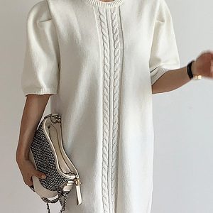 Chic Short-Sleeved Knitted White Dress for Y2K Fashion and Coquette Aesthetic Styles