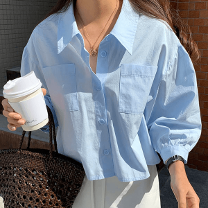 Chic Sky Blue Y2K Aesthetic Lapel Casual Shirt Top for Trendy Outfits