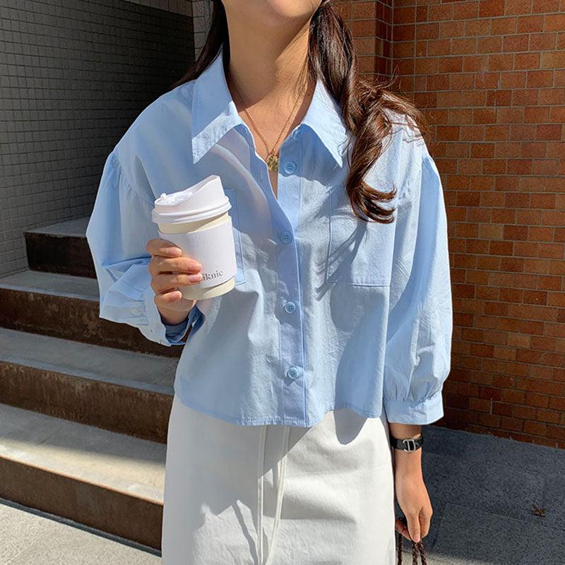 Chic Sky Blue Y2K Aesthetic Lapel Casual Shirt Top for Trendy Outfits