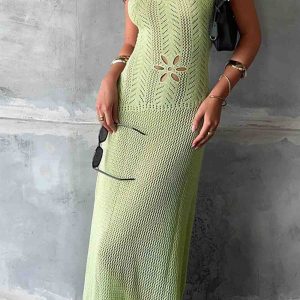 Chic Sleeveless Backless Cutout Crochet Maxi Dress for Y2K Aesthetic Fashion Lovers