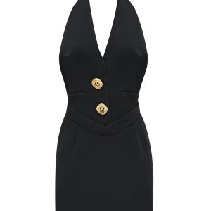 Chic Sleeveless Halter V Neck Dress with Gold Buttons for Y2K Aesthetic Style