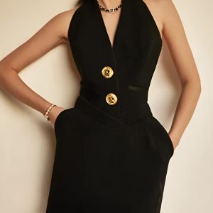 Chic Sleeveless Halter V Neck Dress with Gold Buttons for Y2K Aesthetic Style