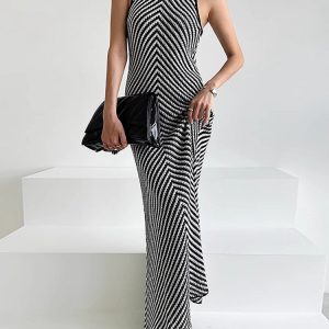 Chic Sleeveless Striped Knitted Mermaid Dress for Y2K Fashion and Coquette Aesthetic