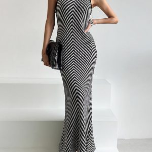 Chic Sleeveless Striped Knitted Mermaid Dress for Y2K Fashion and Coquette Aesthetic