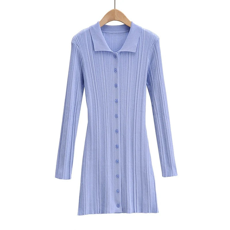 Chic Slim Polo Collar Knit Long Sleeve Dress for Y2K Aesthetic and Coquette Style