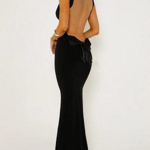 Chic Solid Backless Bow Long Dress - Perfect for Y2K Fashion and Coquette Aesthetic Looks