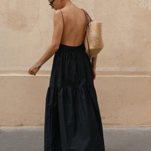 Chic Solid Backless Long Dress for Effortless Y2K Style and Coquette Aesthetic