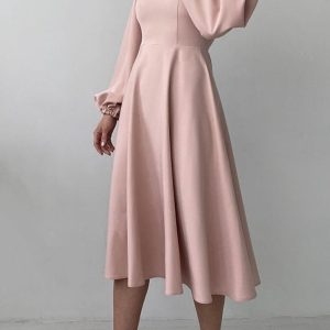 Chic Solid Color Backless Midi Dress with Lantern Sleeves for Y2K and Coquette Aesthetic