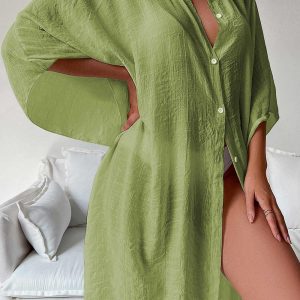 Chic Solid Color Button Down Cover-Up Shirt Dress for Effortless Y2K Aesthetic Style