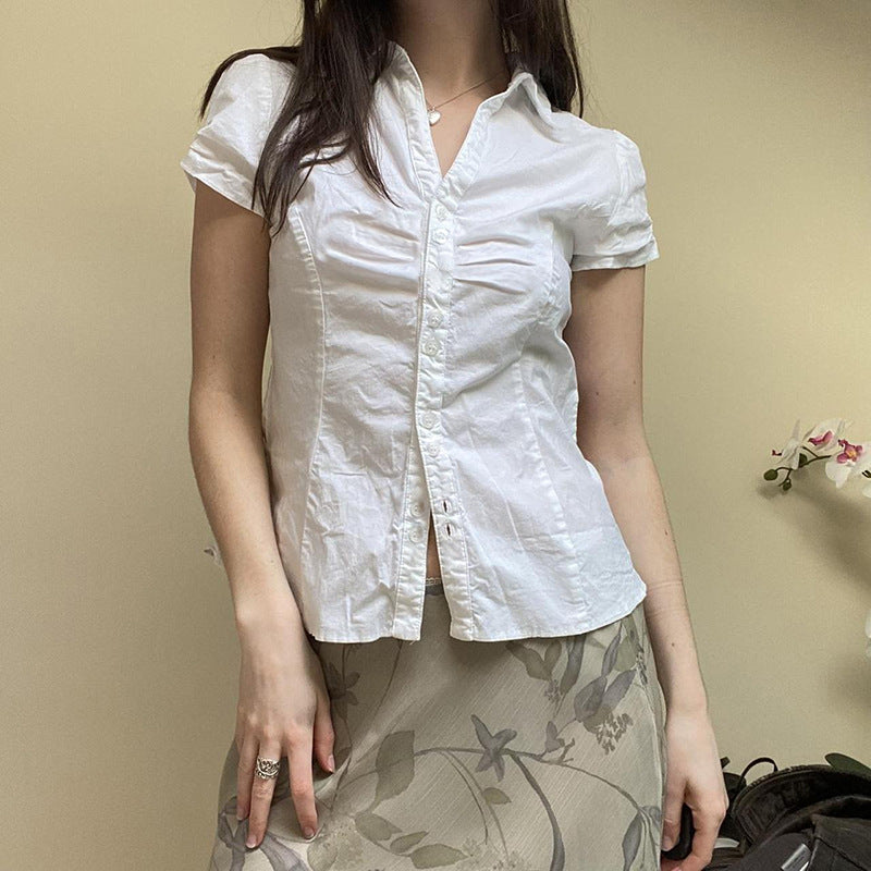 Chic Solid Color Button Down Short Sleeve Blouse for Y2K Aesthetic Outfits