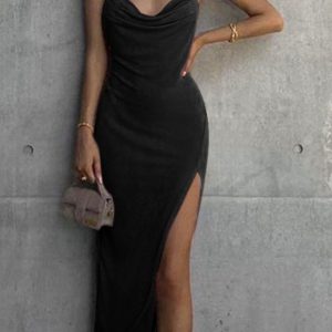 Chic Solid Color Cowl Neck Cami Dress with Slit for Y2K Fashion and Coquette Aesthetic