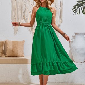 Chic Solid Color Halter Neck V Sleeveless Dress for Effortless Y2K Style