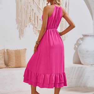 Chic Solid Color Halter Neck V Sleeveless Dress for Effortless Y2K Style