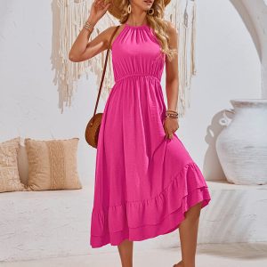 Chic Solid Color Halter Neck V Sleeveless Dress for Effortless Y2K Style