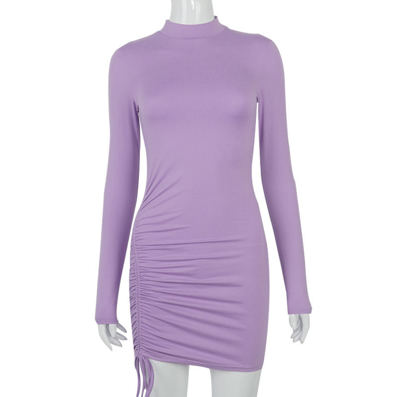 Chic Solid Color High Neck Long Sleeve Mini Dress for Effortless Y2K Style