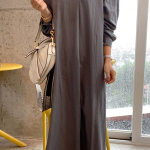 Chic Solid Color Lapel V Neck Long Sleeve Dress for Effortless Y2K Aesthetic Style