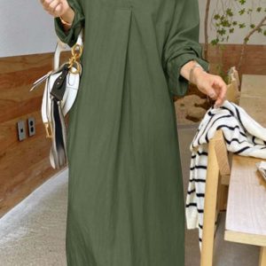 Chic Solid Color Lapel V Neck Long Sleeve Dress for Effortless Y2K Aesthetic Style