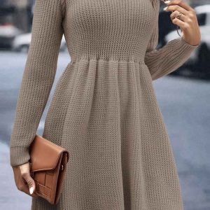 Chic Solid Color Shirring Long Sleeve Knitted Dress for Y2K Aesthetic Fashion Lovers