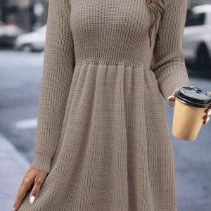 Chic Solid Color Shirring Long Sleeve Knitted Dress for Y2K Aesthetic Fashion Lovers