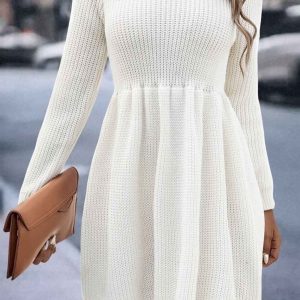 Chic Solid Color Shirring Long Sleeve Knitted Dress for Y2K Aesthetic Fashion Lovers