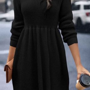 Chic Solid Color Shirring Long Sleeve Knitted Dress for Y2K Aesthetic Fashion Lovers