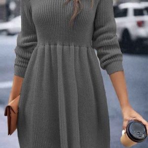 Chic Solid Color Shirring Long Sleeve Knitted Dress for Y2K Aesthetic Fashion Lovers