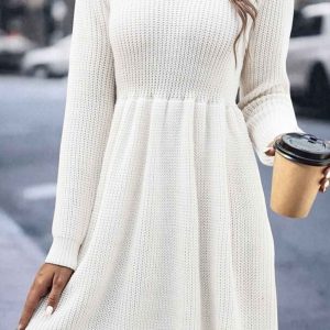 Chic Solid Color Shirring Long Sleeve Knitted Dress for Y2K Aesthetic Fashion Lovers