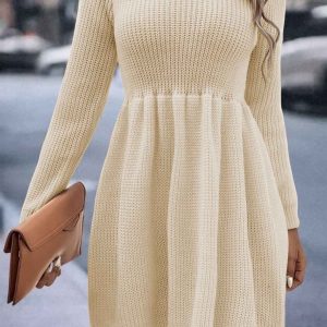 Chic Solid Color Shirring Long Sleeve Knitted Dress for Y2K Aesthetic Fashion Lovers