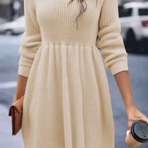 Chic Solid Color Shirring Long Sleeve Knitted Dress for Y2K Aesthetic Fashion Lovers