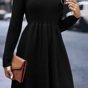 Chic Solid Color Shirring Long Sleeve Knitted Dress for Y2K Aesthetic Fashion Lovers