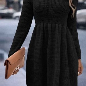 Chic Solid Color Shirring Long Sleeve Knitted Dress for Y2K Aesthetic Fashion Lovers