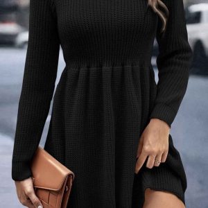 Chic Solid Color Shirring Long Sleeve Knitted Dress for Y2K Aesthetic Fashion Lovers