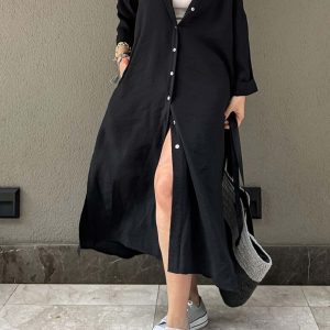 Chic Solid Color Single-Breasted Slit Shirt Dress for Effortless Y2K Aesthetic Style