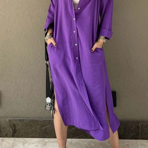 Chic Solid Color Single-Breasted Slit Shirt Dress for Effortless Y2K Aesthetic Style