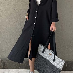 Chic Solid Color Single-Breasted Slit Shirt Dress for Effortless Y2K Aesthetic Style