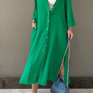 Chic Solid Color Single-Breasted Slit Shirt Dress for Effortless Y2K Aesthetic Style