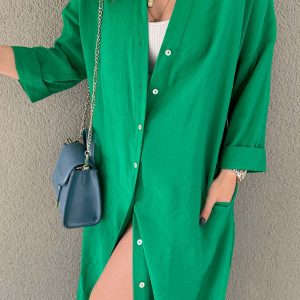 Chic Solid Color Single-Breasted Slit Shirt Dress for Effortless Y2K Aesthetic Style