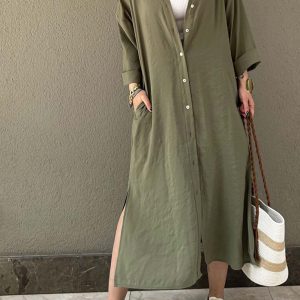 Chic Solid Color Single-Breasted Slit Shirt Dress for Effortless Y2K Aesthetic Style