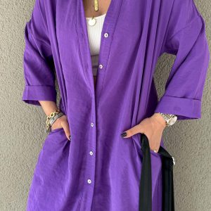 Chic Solid Color Single-Breasted Slit Shirt Dress for Effortless Y2K Aesthetic Style