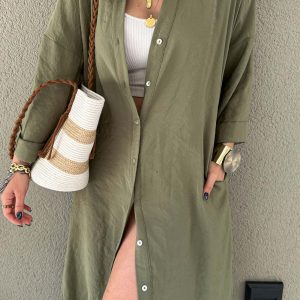 Chic Solid Color Single-Breasted Slit Shirt Dress for Effortless Y2K Aesthetic Style