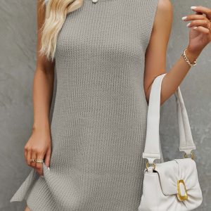 Chic Solid Color Tie-Up Side Slit Knit Tank Dress for Y2K Aesthetic Outfits