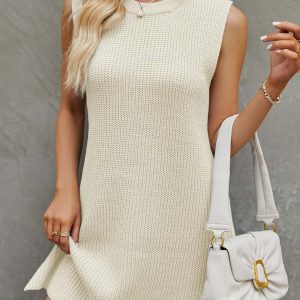 Chic Solid Color Tie-Up Side Slit Knit Tank Dress for Y2K Aesthetic Outfits