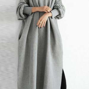 Chic Solid Crew Neck Slit Sweatshirt Dress for Y2K Aesthetic and Cozy Style