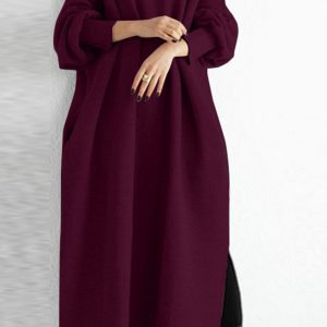 Chic Solid Crew Neck Slit Sweatshirt Dress for Y2K Aesthetic and Cozy Style