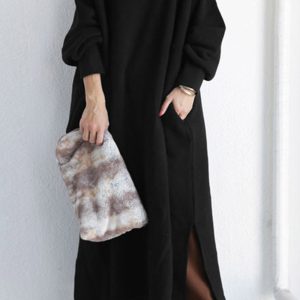 Chic Solid Crew Neck Slit Sweatshirt Dress for Y2K Aesthetic and Cozy Style